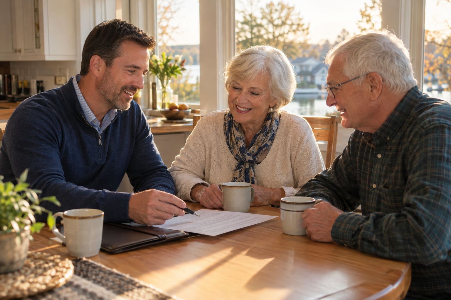 Final expense agent reviewing an application with a senior couple at their kitchen table